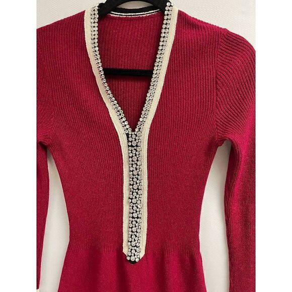 Vintage Womens Long Sleeve Embellished Stones Ribbed Stretch Skater Dress Red - Picture 5 of 10